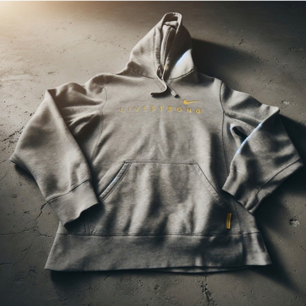 Nike Livestrong Mens Hoodie Gray‎ Yellow Embroidered Pullover Sweatshirt Medium